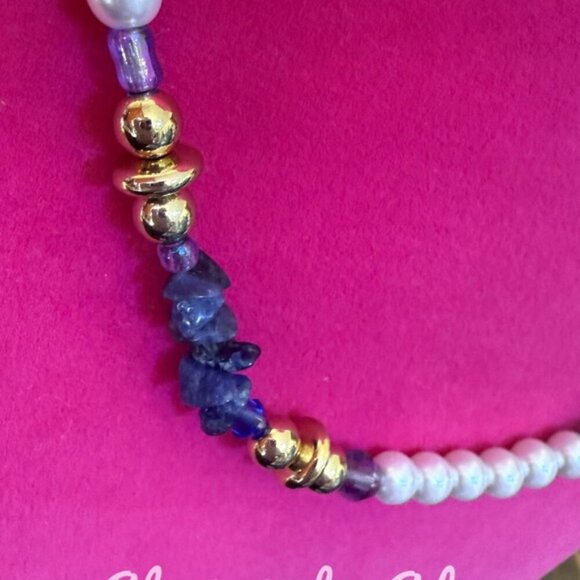 DAINTY MULTI TONE GOLD PEARLS  LAPIS BOHEMIAN NECKLACE - Picture 3 of 4
